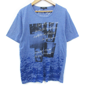 ミッシェルクランオム M.K HOMME Tシャツ カットソー 半袖 ラウンドネック ロゴ プリント マルチカラー 48 L 青 黒 ブルー ブラック /FF26