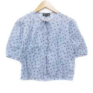  Agnes B shirt blouse . minute sleeve band color ribbon floral print total pattern multicolor 38 M white navy blue white navy /FF23 lady's 