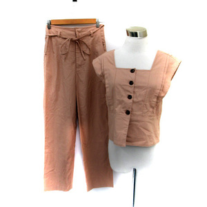  Mystic setup top and bottom cut and sewn square neck tapered pants flax linen. on F under 1 pink beige lady's 