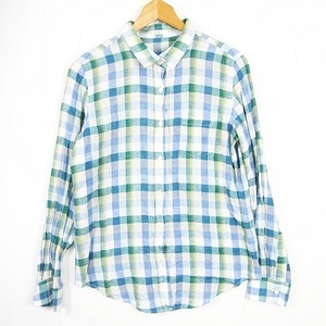  L ELLE shirt long sleeve flax cotton 38 light blue green silver chewing gum check kz7935 lady's 