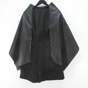ヨウジヤマモト YOHJI YAMAMOTO レイヤードコート ジャケット S 黒系 ブラック 毛 ウール ボタン レザー 日本製 レディース