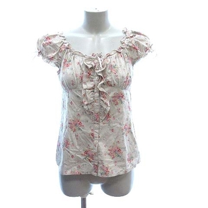  L'Est Rose L'EST ROSE shirt blouse off shoulder short sleeves puff sleeve frill ribbon floral print check 2 beige /CT lady's 