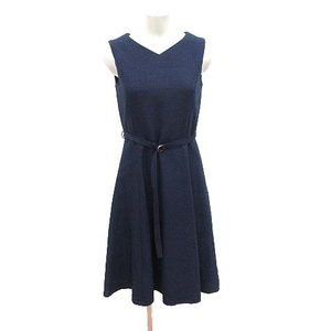  Natural Beauty Basic flair One-piece knee height no sleeve V neck tweed belt S navy blue navy /CT lady's 
