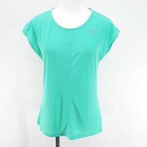  Puma PUMA sport wear stripe pattern short sleeves T-shirt cut and sewn M green series green Logo print lady's 