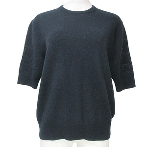 ドゥロワー Drawer 19AW 18Gコードエンブロダイリーニット セーター 袖刺繍 スパンコール 五分袖 ウール 1 S相当 紺 ネイビー IBO53