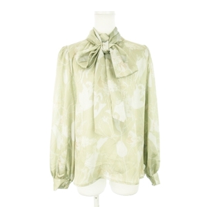  rienda rienda blouse bow Thai high‐necked long sleeve back button gloss feeling art flower floral print total pattern F green green /AH11 * lady's 