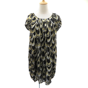  Rose Bud ROSE BUD One-piece mini height short sleeves U neck total pattern silk F multicolor black black /YK32 lady's 