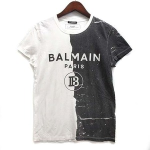 バルマン BALMAIN モノクロハーフプリント Tシャツ カットソー 半袖 ホワイト ブラック 白 黒 XS メンズ