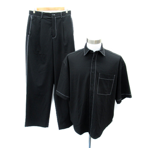 ザラ ZARA セットアップ 上下 カジュアルシャツ 半袖 オーバーサイズ ワイドパンツ ロング丈 ステッチ S 黒 ブラック /SY6 メンズ