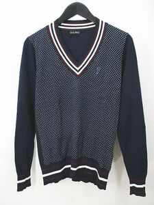  Golf .-noGOLFINO dot pattern long sleeve knitted sweater M navy blue series navy V neck embroidery line lady's 