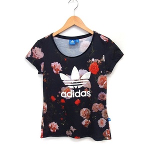 アディダス adidas 国内正規品 フラワー ロゴ プリント Tシャツ カットソー 半袖 丸首 L ブラック 黒 /FT24 レディース