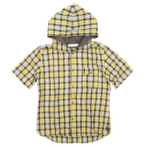  Ships jet blue SHIPS JET BLUE check pattern with a hood . shirt short sleeves linen cotton casual shirt tops L yellow 