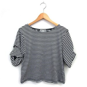 グローバルワーク GLOBAL WORK カットソー Tシャツ ボートネック タック クロップド ボーダー 五分袖 S 黒 ブラック /NT7 レディース