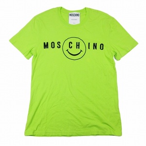 美品 モスキーノ MOSCHINO SMILEY TEE フロントロゴ スマイル 半袖 Tシャツ クルーネック カットソー 50 ネオングリーン メンズ