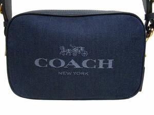 コーチ COACH 美品 Denim Jacquard デニム ショルダーバッグ 切替レザー ロゴ C8585 ストラップ 金金具 インディゴ レディース