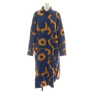 マリメッコ marimekko ウニッコ Unikko シャツワンピース ロング マキシ フレア 長袖 花柄 総柄 プリント 36 S 茶 ブラウン 青 黒