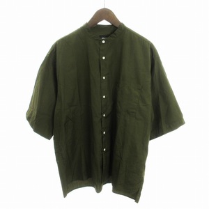 ビームス BEAMS シャツ 半袖 ノーカラー ポケット コットン 無地 緑 カーキ S ■SM1 メンズ