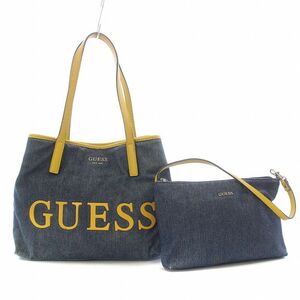 ゲス GUESS トートバッグ ハンドバッグ 2way ポーチ付き デニム レザー 切替 ラバー ロゴ インディゴ 黄 イエロー