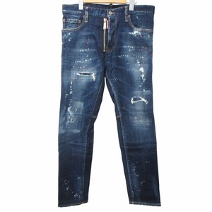 ディースクエアード DSQUARED2 美品 18AW CITY BIKER JEAN デニム ジーンズ ペイント ペンキ ダメージ加工 ボタンフライ ブルー 48 約L