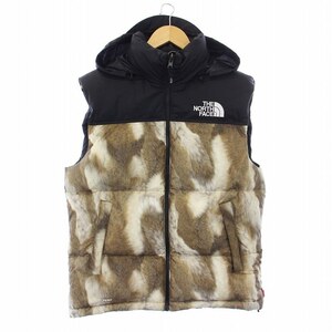 シュプリーム SUPREME THE NORTH FACE 13FW Fur Print Nuptse ダウンベスト アウター ジップアップ 切替 フード S 黒 ブラック ベージュ ND