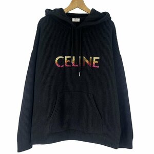 未使用品 セリーヌ CELINE 22AW グラデーション ロゴ スパンコール ウール ニット パーカー XL 黒 ブラック 2A10X66Q メンズ