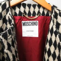 モスキーノ MOSCHINO フレアロングコート ノーカラージャケット バイカラー 総柄 デザインボタン ゴールド金具 イタリア製 白 黒 約M IBO52_画像7