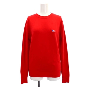 メゾンキツネ MAISON KITSUNE VIRGIN WOOL R-NECK PULLOVER ニット セーター 長袖 ロゴワッペン ウール XXS 赤 レッド /DO ■OS レディース