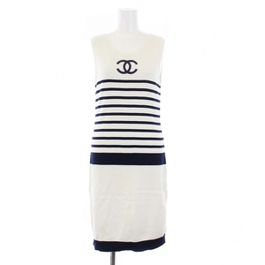  Chanel Vintage no sleeve knitted One-piece long border here Mark here button 40 L white navy blue white navy 