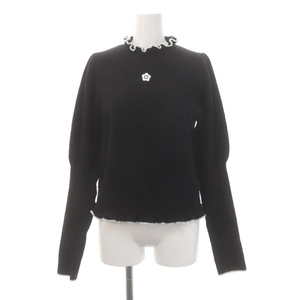 Mary Quant MARY QUANT puff sleeve Aurora thread pull over knitted sweater long sleeve frill flower embroidery M black black 