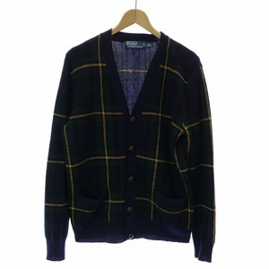 ポロ バイ ラルフローレン Polo by Ralph Lauren カーディガン チェック ウール エルボーパッチ Vネック XS 緑 グリーン 青 ブルー