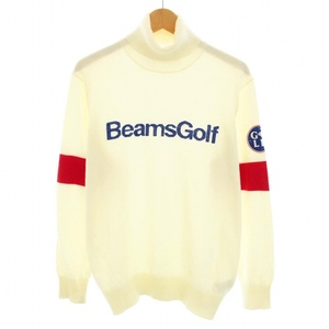 ビームスゴルフ BEAMS GOLF ゴルフウェア ニット セーター タートルネック 長袖 ロゴワッペン ウール混 M 白 ホワイト 青 赤 メンズ