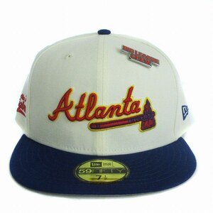 ニューエラ NEW ERA 美品 ベースボールキャップ Atlanta 59FIFTY フラット ピンズ 刺繍 白 青 71/2 59.6cm 帽子 メンズ