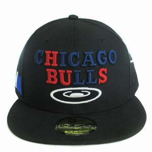 ニューエラ NEW ERA 美品 ベースボールキャップ フラット シカゴ ブルズ 59FIFTY 刺繍 73/4 61.5 黒 ブラック 帽子 メンズ