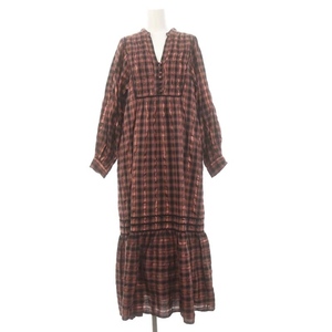 サラマリカ Sara Mallika 23AW Cotton Check Shirring Long Dress コットンチェック シャーリングドレス ワンピース ロング 長袖 S 茶 黒