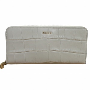 フルラ FURLA 美品 クロコ型押し レザーウォレット 長財布 ゴールド金具 白系 オフホワイト 0512 レディース