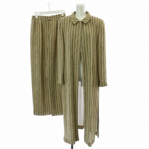  Leilian setup top and bottom 2 point set long shirt front opening long sleeve side slit pants stripe 9 M beige tea Brown 