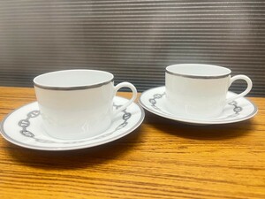 B876　美品　HERMES　エルメス　シェーヌダンクル　プラチナ　カップ ソーサー　ペア　ホワイト　シルバーカラー　コーヒーカップ