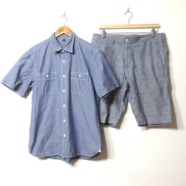 【送料無料】無印良品半袖シャツ、ハーフパンツセット/XLサイズ　コットンシャツ　綿麻混合パンツ　MUJI　メンズ