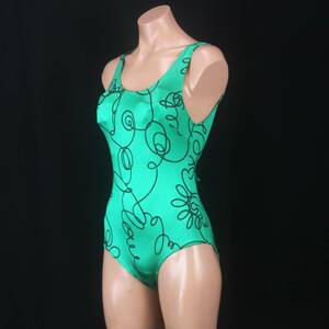 C0467★緑×黒 かわいい 背中リボン おしゃれ 柄模様 つるすべ 9Mサイズ レディース水着 ワンピース プール ビーチ フィットネス ジム 衣装