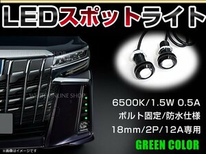 12V 超小型 イーグルアイ LED 18mm スポットライト グリーン/緑 常時点灯 防水仕様！ブラックボディ 牛目 2個セット