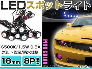 ☆8個セット☆牛目 丸型 デイライト 12V LED 18mm 防水 バック スポット バイク デコ レーション ドレスアップ ☆ピンク☆常時点灯