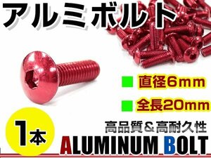 メール便 カラー アルミボルト M6×20mm 六角 トラスボルト赤/レッド 1本 スクリーン/カウル/パネル/ナンバープレート/クランクケース