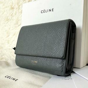 美品 CELINE セリーヌ スモールトリフォールドウォレット ミニ財布 新型ロゴ ブラック 黒 ロゴ刻印 三つ折り レザー 本革 小銭入れ グレー