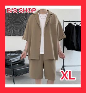 メンズ　トップス　ハーフパンツ　セットアップ　上下セット　カーキ 　XL