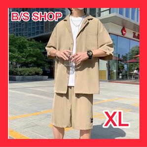 メンズ　トップス　ハーフパンツ　セットアップ　上下セット　カーキ 　XL