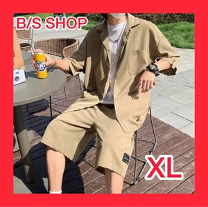 メンズ　トップス　ハーフパンツ　セットアップ　上下セット　カーキ 　XL