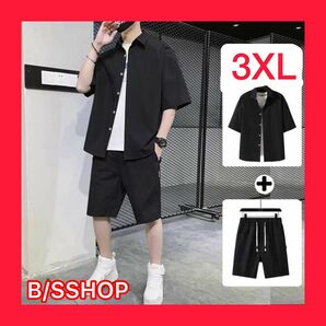 【ブラック】メンズ　セットアップ トップス　シャツ 短パン　上下セット 3XL