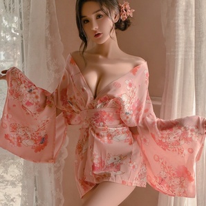 Pe535 着物風 可愛いキツネ サラサラ 鮮やか花柄 ベビードール「和服・Tバック・帯３点セット」セクシーランジェリー コスプレ衣装の画像7