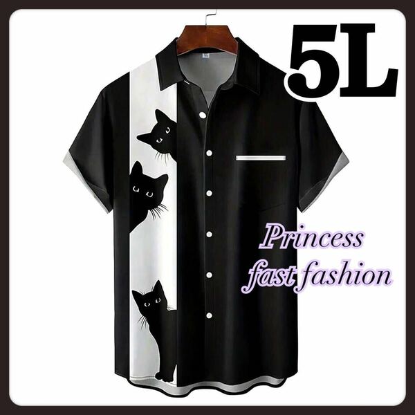【5L／ブラック】ハーフ 猫ちゃん 半袖シャツ 大きいサイズ メンズ レディース