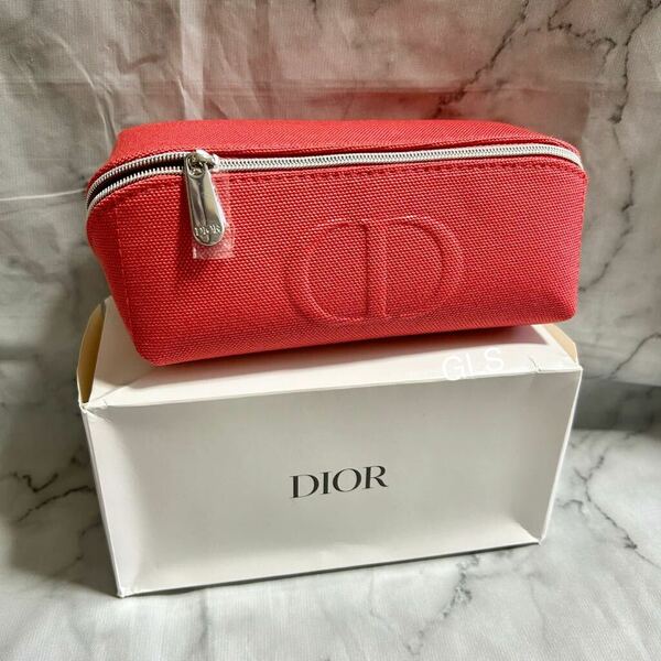 レア 未使用本物 christian dior ポーチ レッド 赤 シルバー 布 キャンバス 化粧ポーチ コスメポーチ ノベルティ スクエア 横長